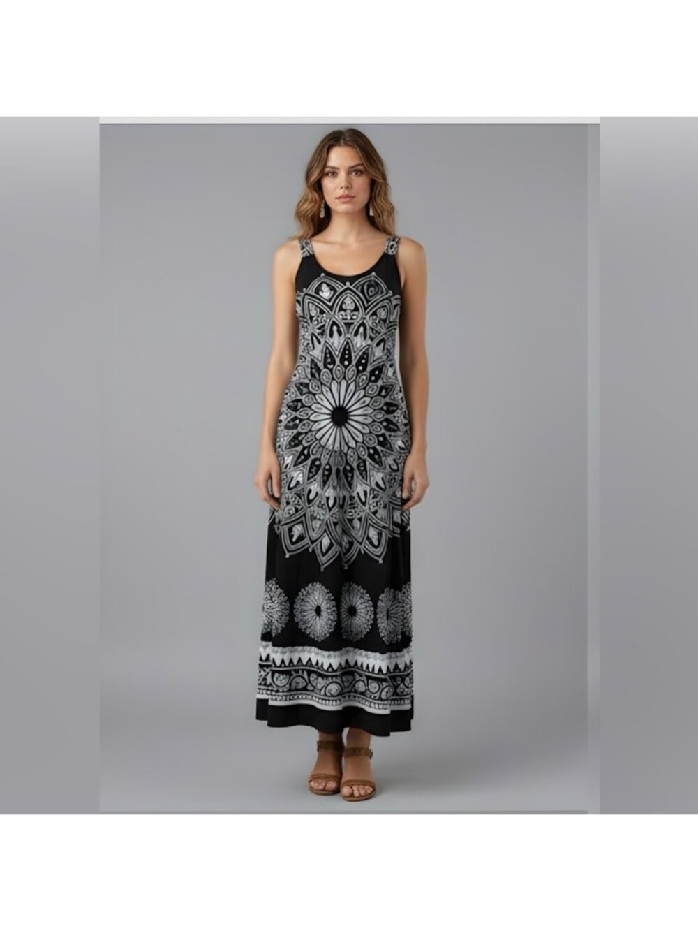 Boho Black/White Mandala Print Dress